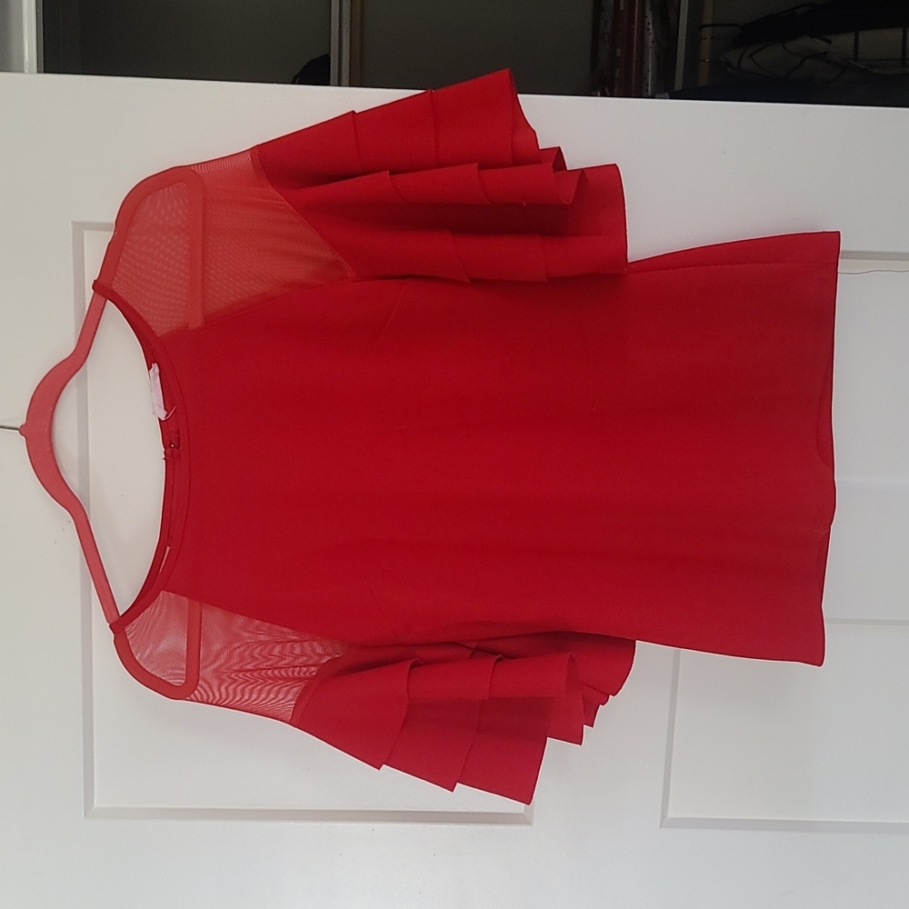 Red Blouse with mesh shoulders & flowy sleeves